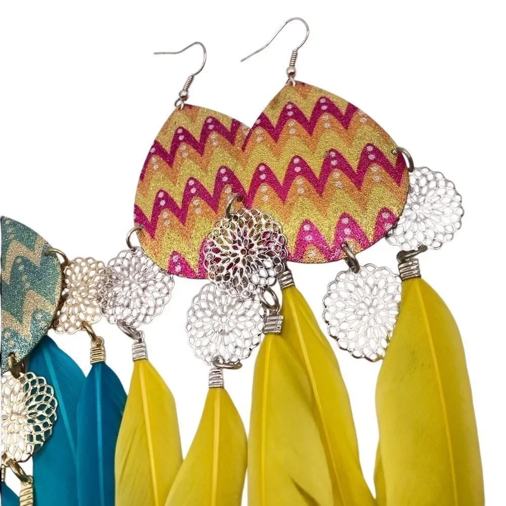 Blue and Yellow Statement Feather Drop Earrings